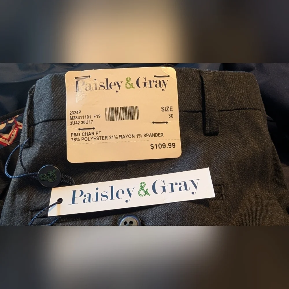 Paisley & Gray NWT $110 Men's Charcoal Gray 30x32 Dress Pants Poly Rayon Spandex